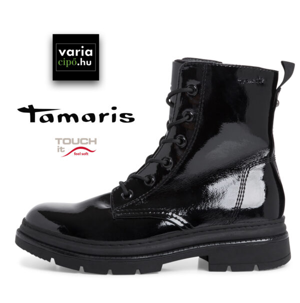 Tamaris fekete lakk bakancs, 1-25210-29-018-black-patent