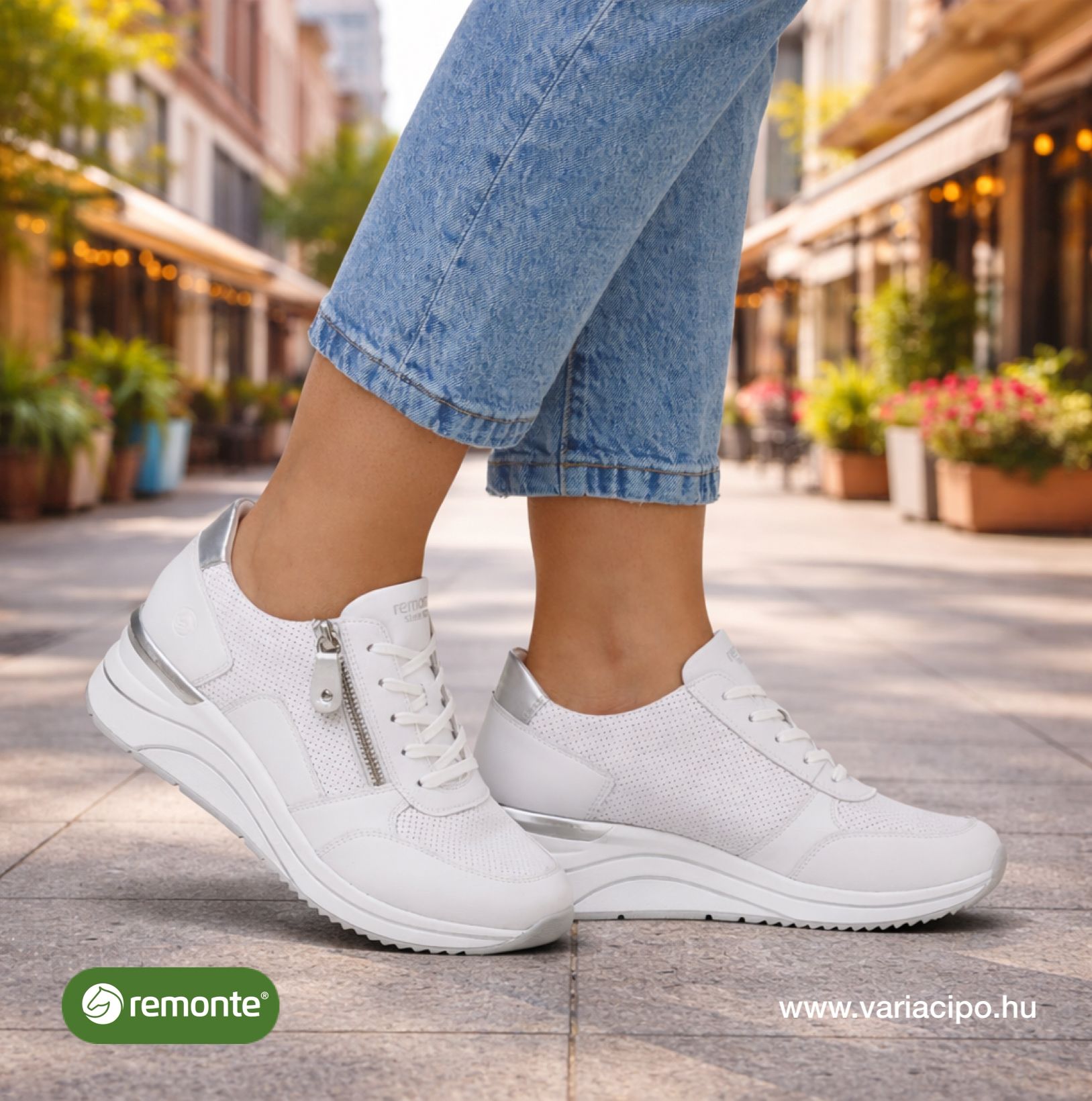 Fehér Remonte sportcipő emelt sarokkal, D0T06-80 white/silver