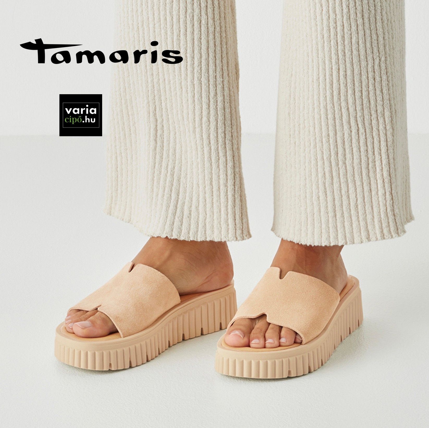 Tamaris platformos bőr papucs, 1-27216-44 401 beige suede